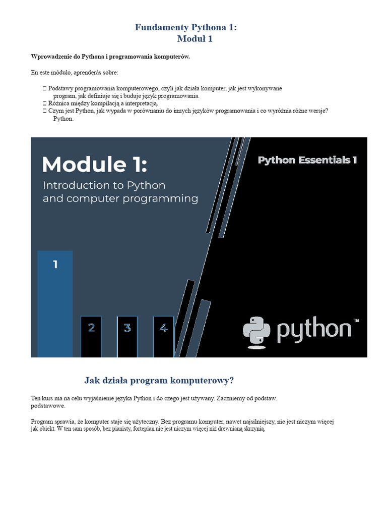 Moduł 1 - Wprowadzenie Do Pythona I Programowania Komputerowego | PDF