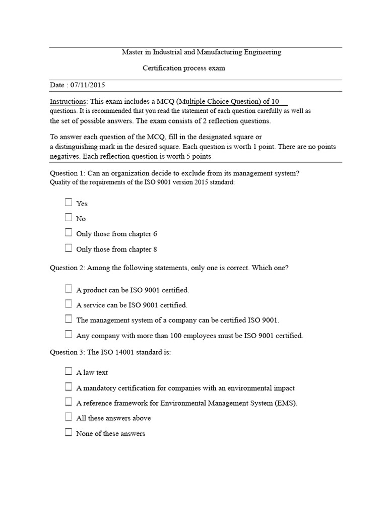 ISO 9001 Certification Exam Guide | PDF | Multiple Choice | Certification