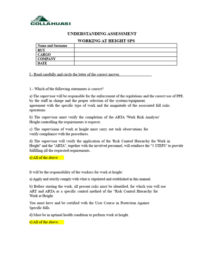 Assessment for Working at Height Safety | PDF | Regulatory Compliance ...