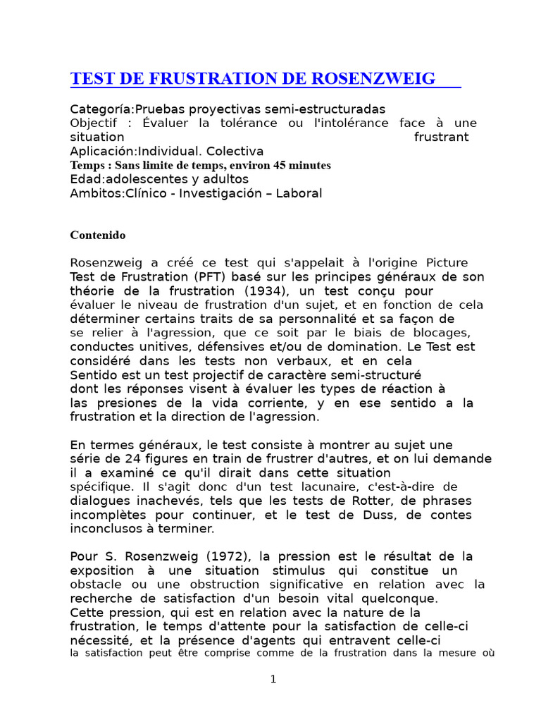 Test de Frustration de Rosenzweig | PDF | Tolérance | Concept de ...