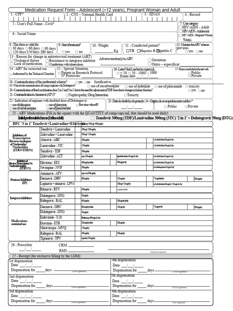 Adult ARV Medication Request Form | PDF | Management Of Hiv/Aids | Hiv/Aids
