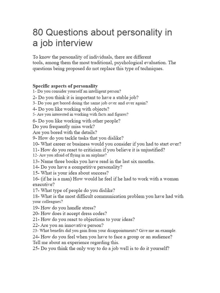 80 Job Interview Personality Questions | PDF | Job Interview | Cognition