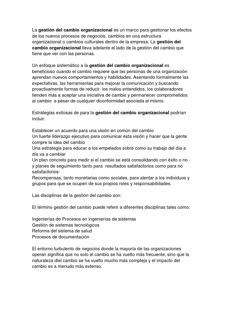 La Gestión Del Cambio Organizacional Es Un Marco para Gestionar Los ...