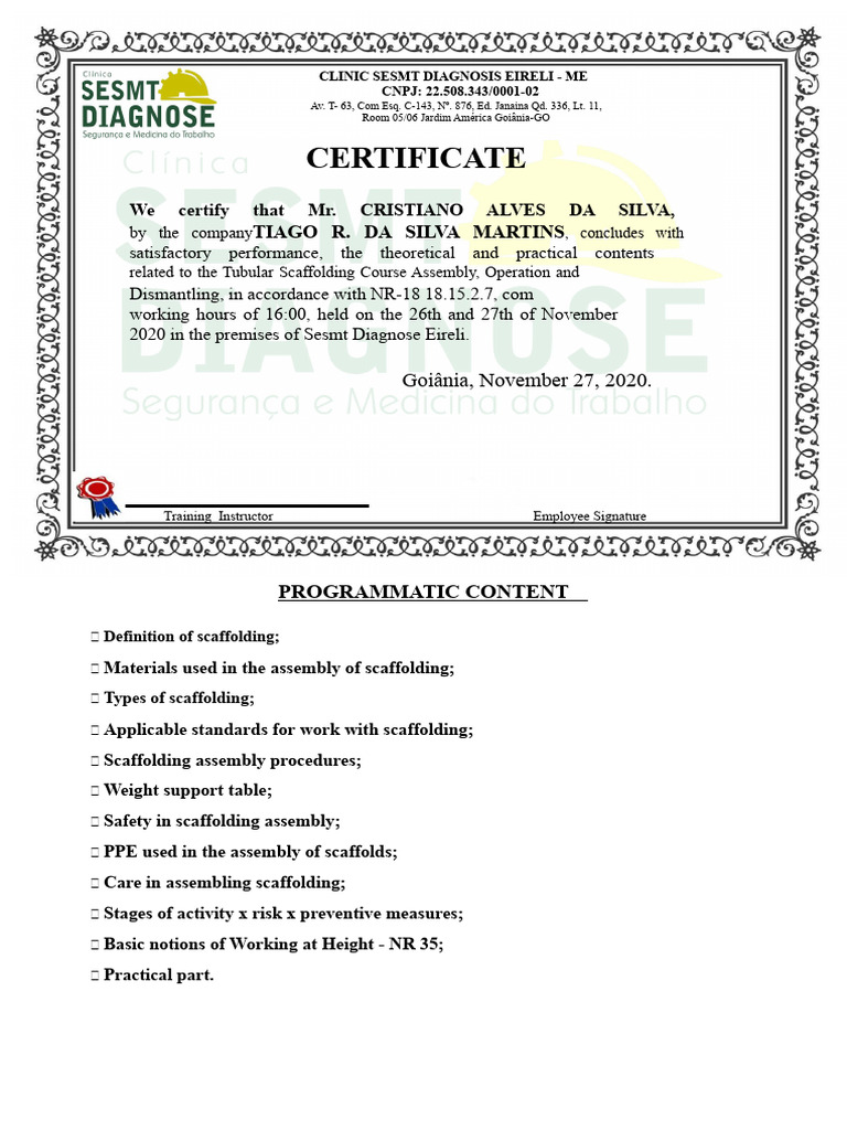 Tubular Scaffolding Course Certificate | PDF