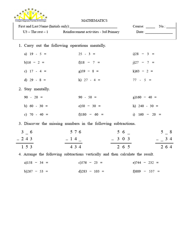 3rd Grade Math Reinforcement Activities | PDF | Subtraction | Arithmetic