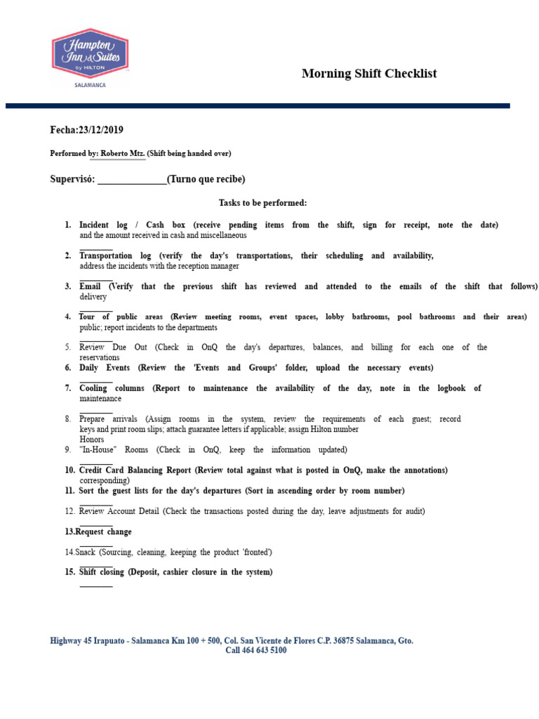 Morning Shift Operations Checklist | PDF