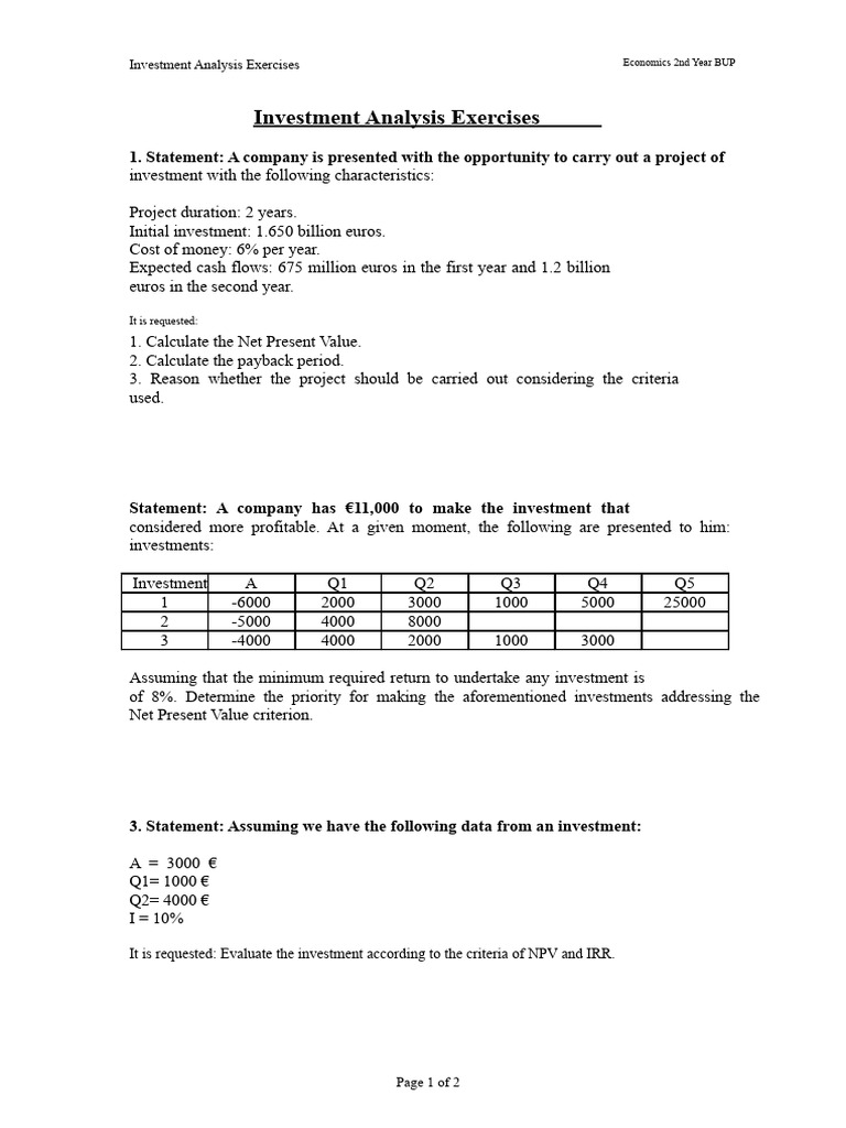 Investment Analysis Exercises for Economics | PDF | Net Present Value ...