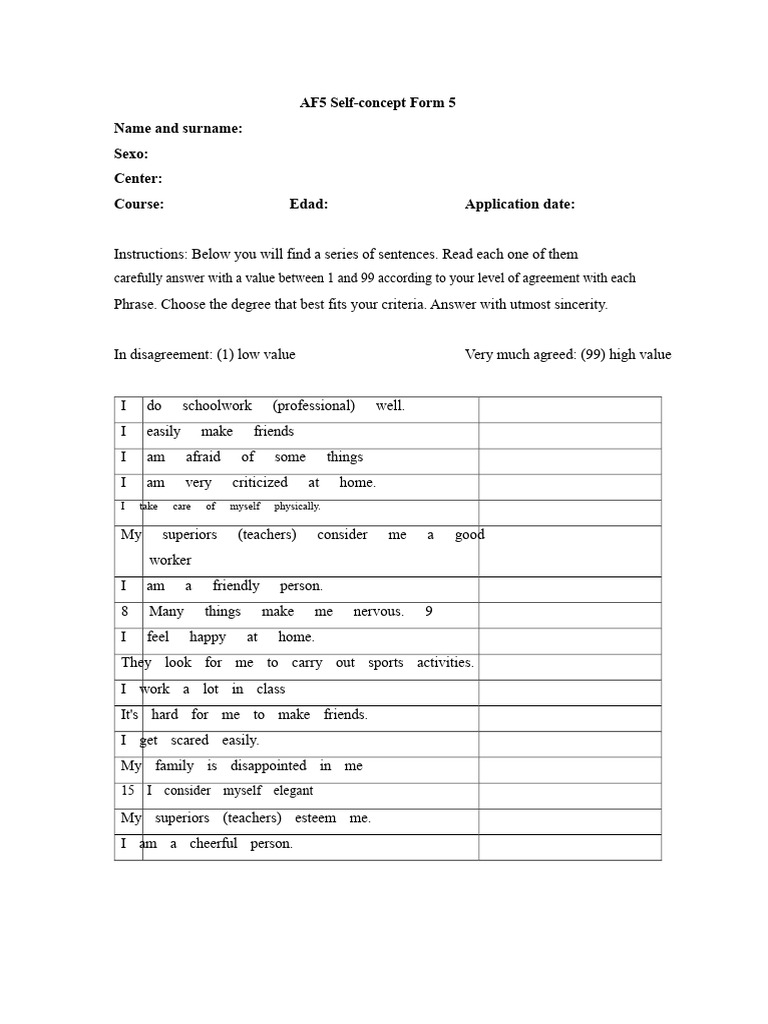 AF5 Self-Concept Form 5 | PDF