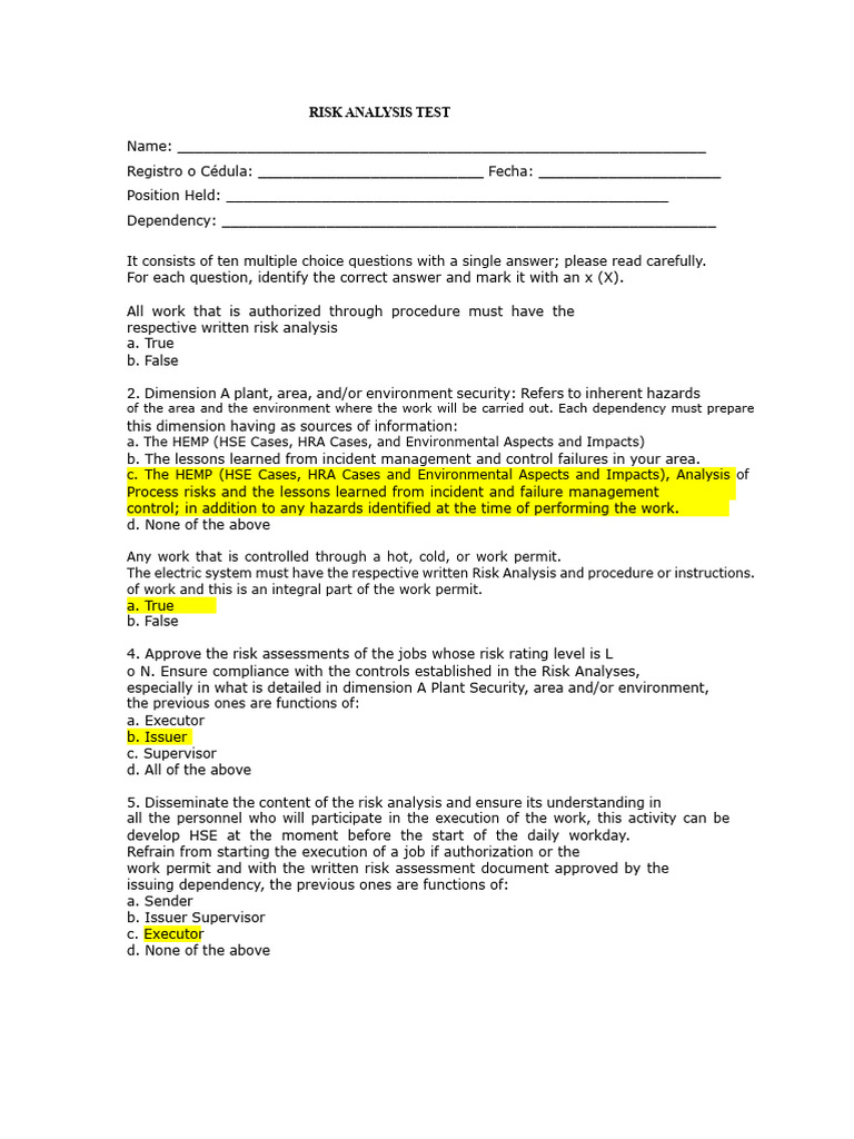 Risk Analysis Test for Workplace Safety | PDF | Risk | Multiple Choice