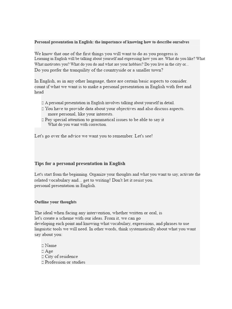 Personal Introduction in English | PDF | English Language | Vocabulary