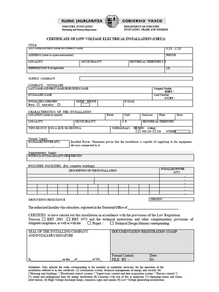 Certificate of Low Voltage Electrical Installation (Cibt.1) | PDF ...