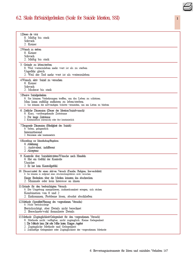 Skala Für Suizidgedanken (Scale For Suicide Ideation, SSI) | PDF
