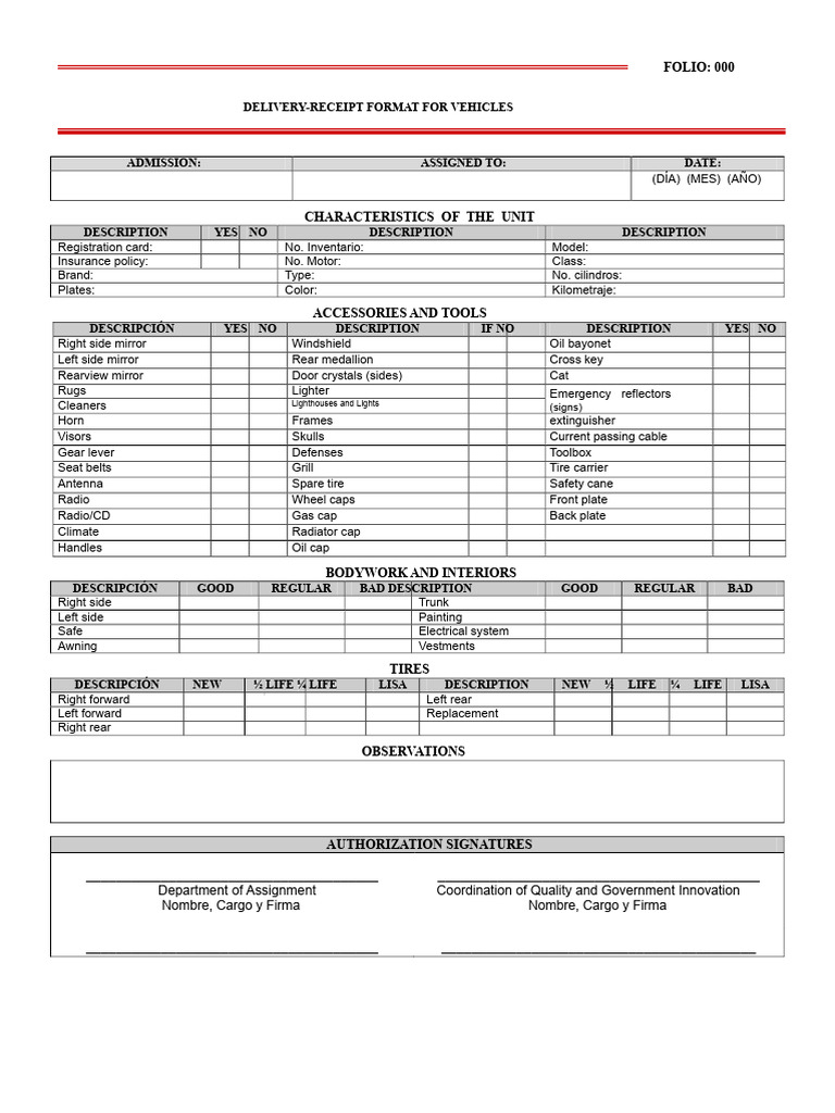 Vehicle Delivery Receipt Format | PDF | Vehicles | Rear Wheel Drive ...