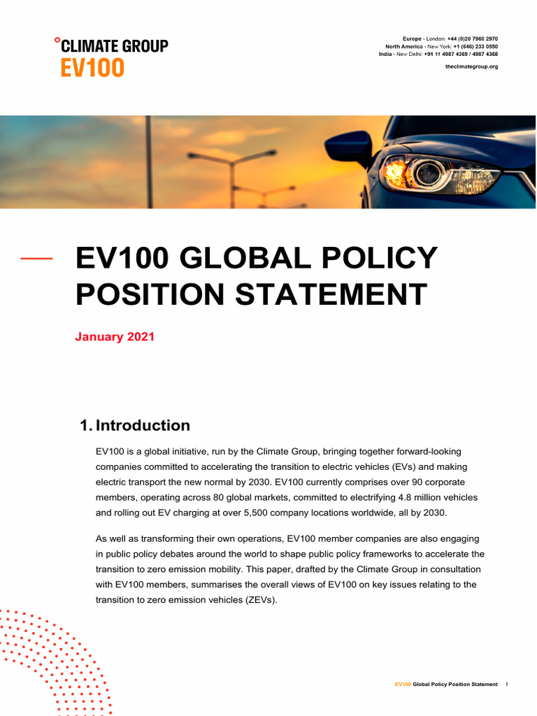 EV100 Global Policy Position - Final - 202101 | PDF | Electric Vehicle ...