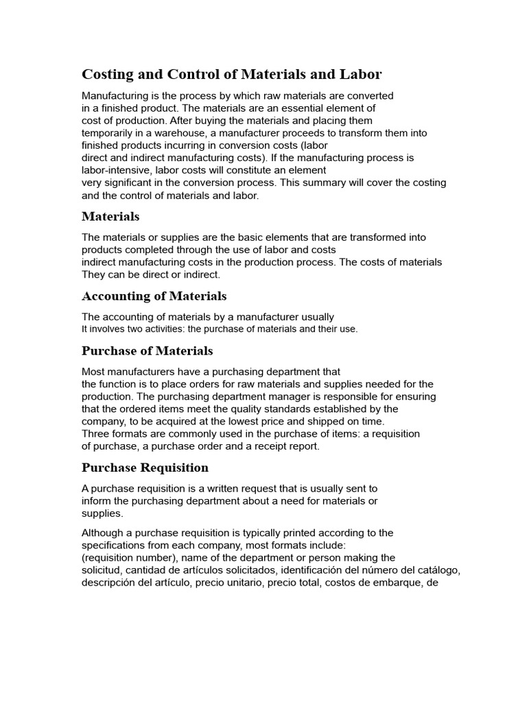 Cost Control for Materials and Labor | PDF | Debits And Credits | Payroll