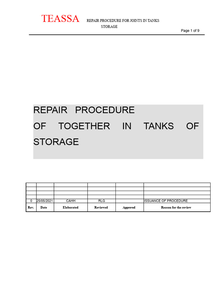 Storage Tank Repair Procedure | PDF | Welding | Construction
