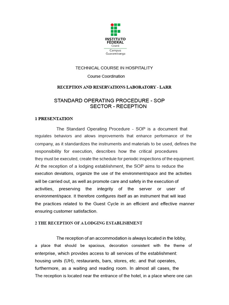 Standard Operating Procedure For The Reception and Reservations ...