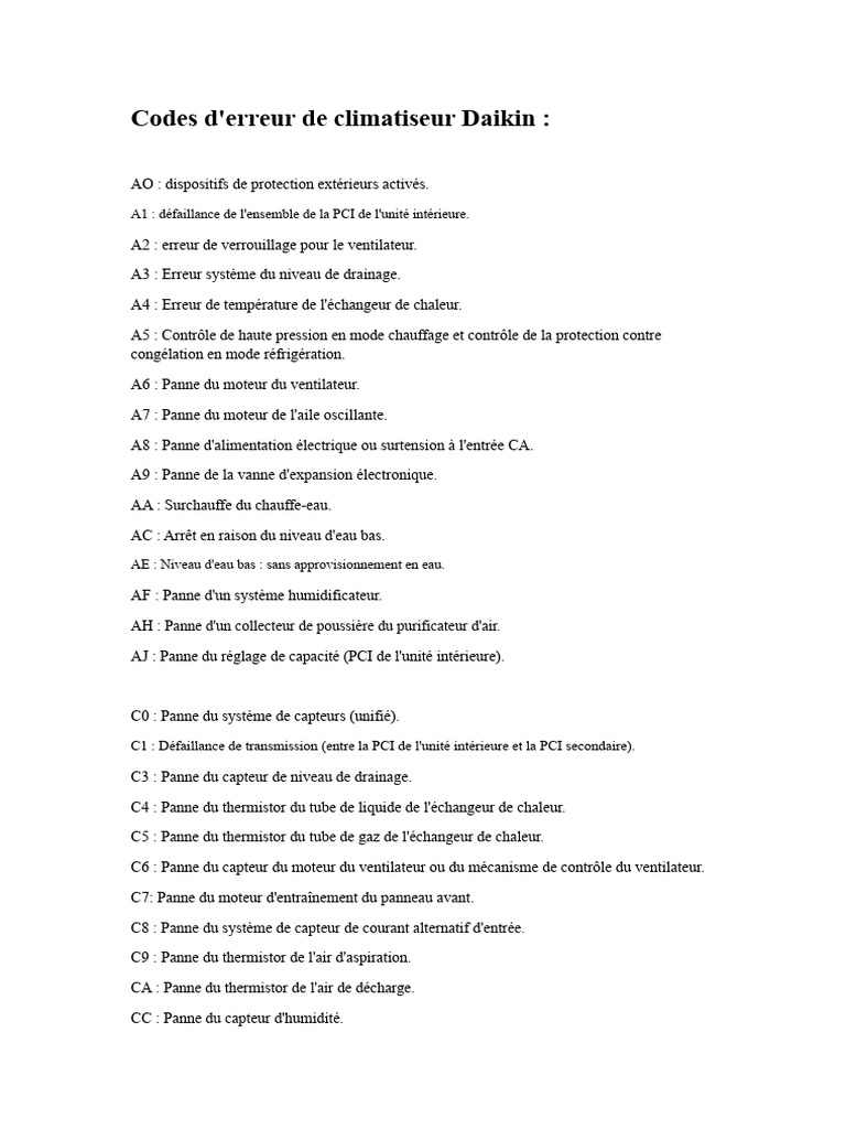 Codes d'erreur climatiseur Daikin | PDF | Climatisation | Machine