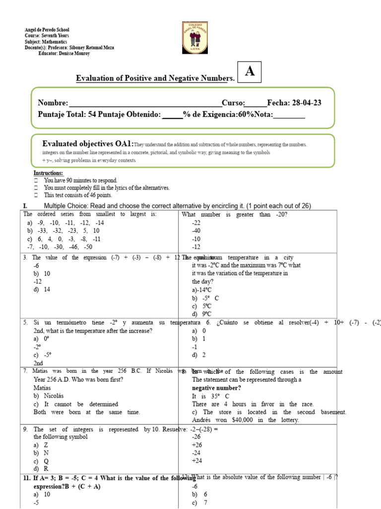 Test of Integers 7th Year A and B PDF | PDF | Numbers | Multiple Choice
