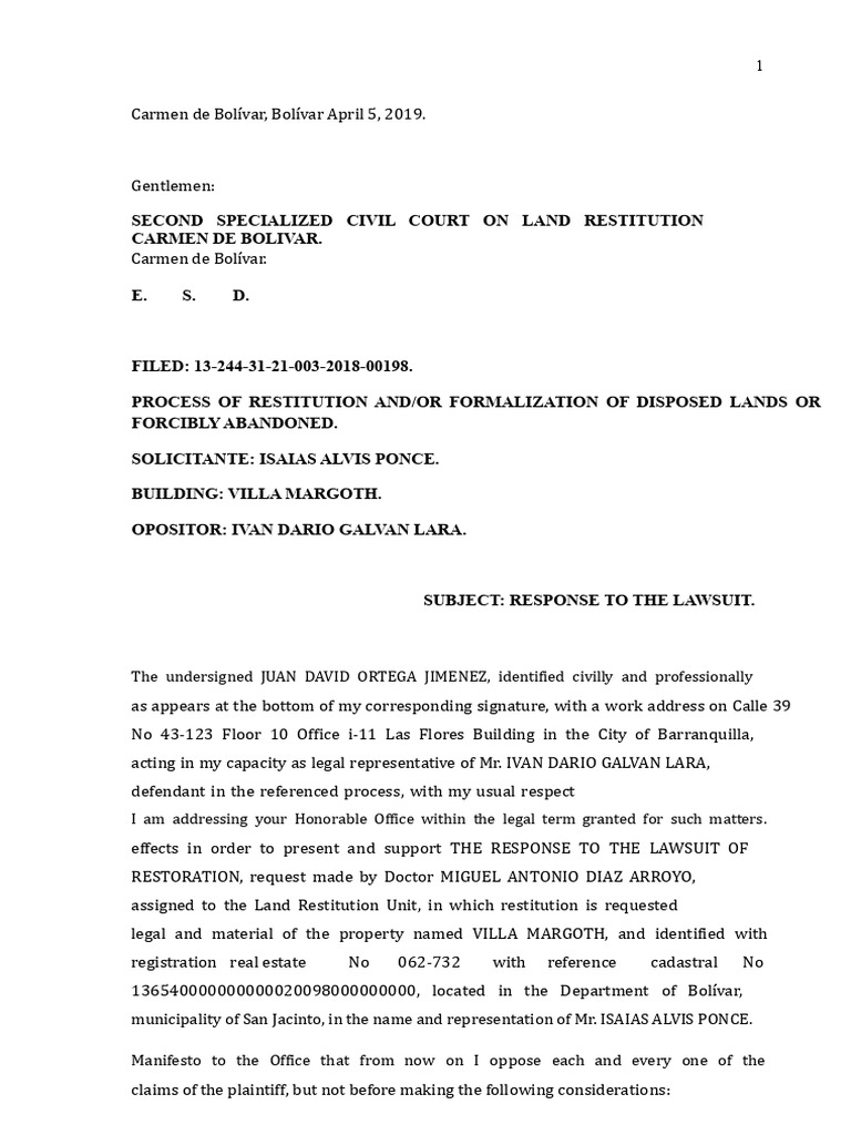 Answer To The Land Restitution Lawsuit | PDF | Faith | Consent