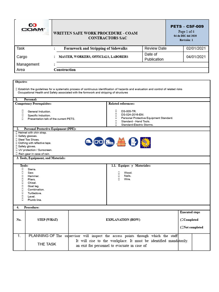 Safe Work Procedure for Sidewalk Formwork | PDF | Personal Protective ...