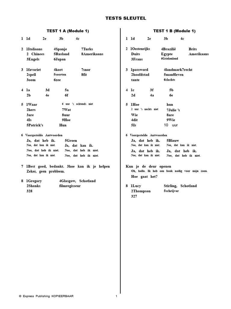 Upstream Beg A1plus Tests KEY | PDF