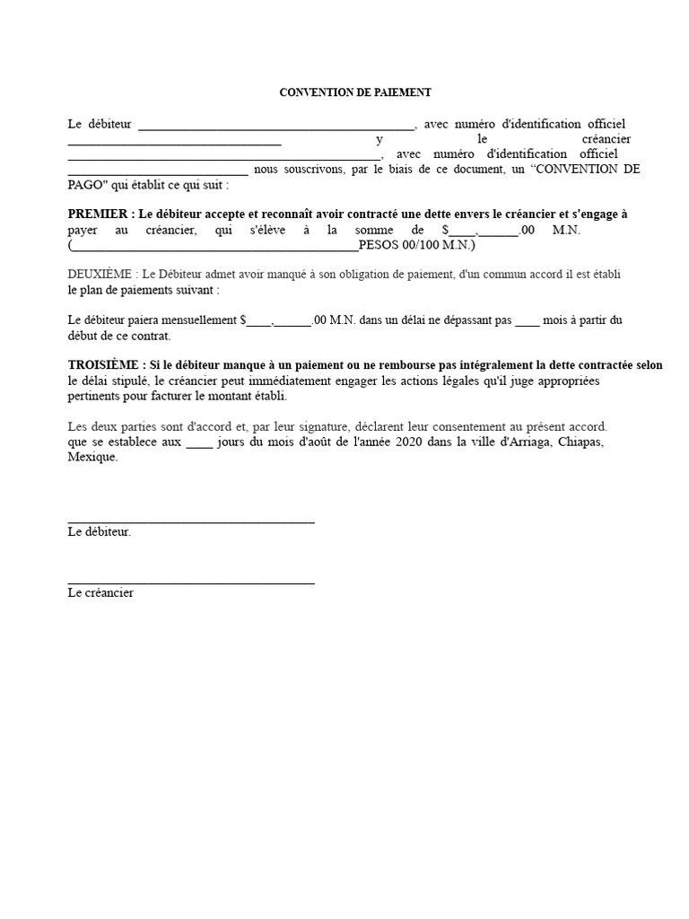 Convention de Paiement Débiteur-Créancier | PDF