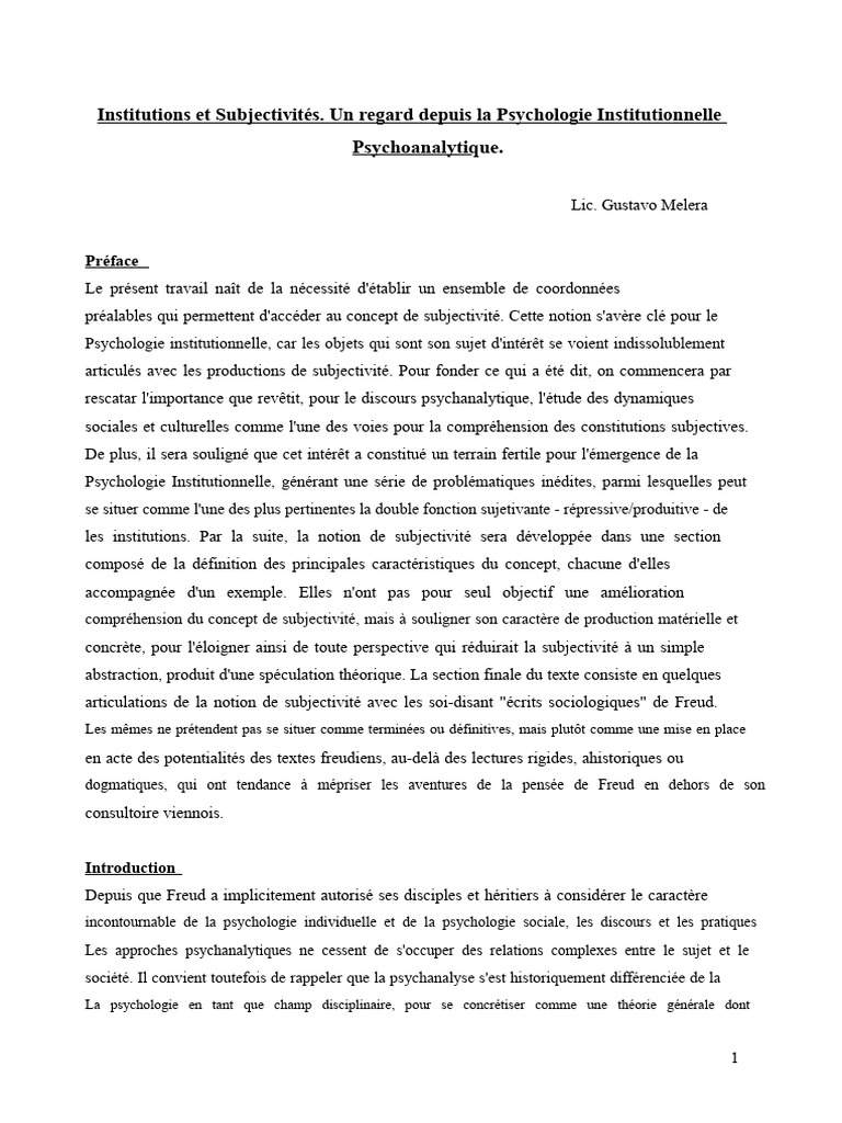 Psychologie Institutionnelle et Subjectivité | PDF | Sigmund Freud ...