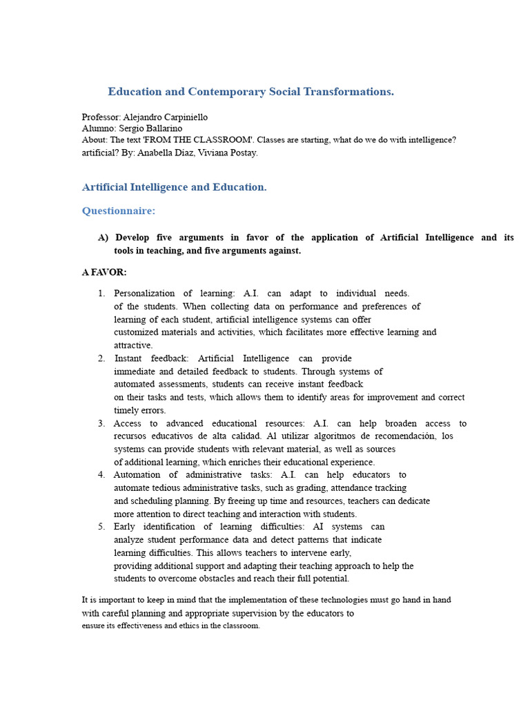 AI in Education: Pros and Cons Analysis | PDF | Artificial Intelligence ...