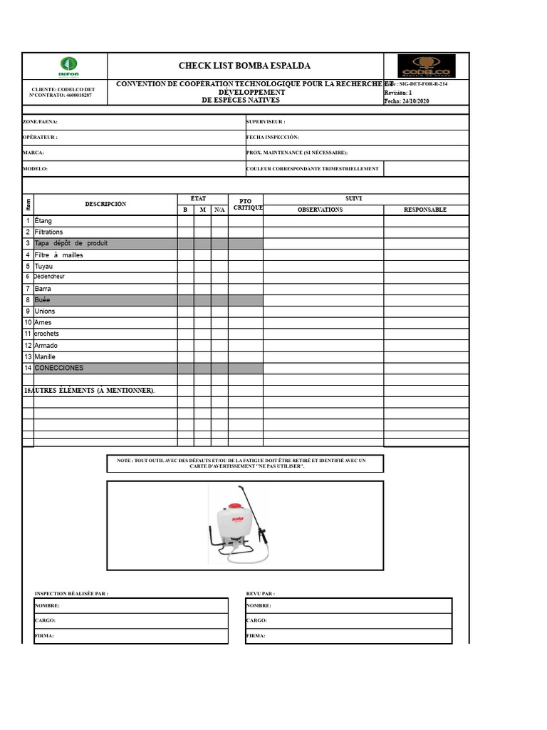 Checklist d'Inspection BOMBA ESPALDA | PDF
