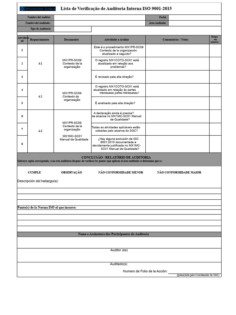 Auditoria Interna ISO 9001:2015 Checklist | PDF | Auditoria interna ...