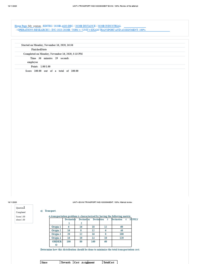 UNIT 4 EXAM TRANSPORT AND ASSIGNMENT. 100% - Review of The Attempt PDF ...