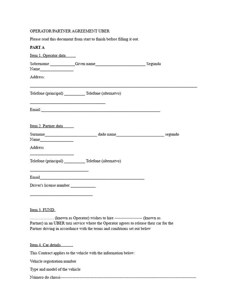 Uber Operator-Partner Agreement Template | PDF | Insurance | Fee