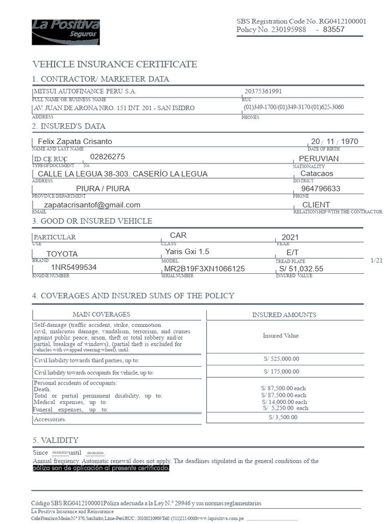 Vehicle Insurance Certificate Details | PDF | Insurance | Liability ...
