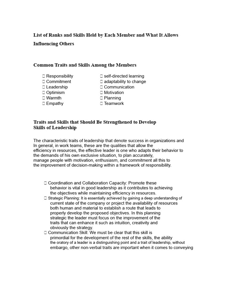 List of Ranks and Skills that Each Member Has and that Allows ...