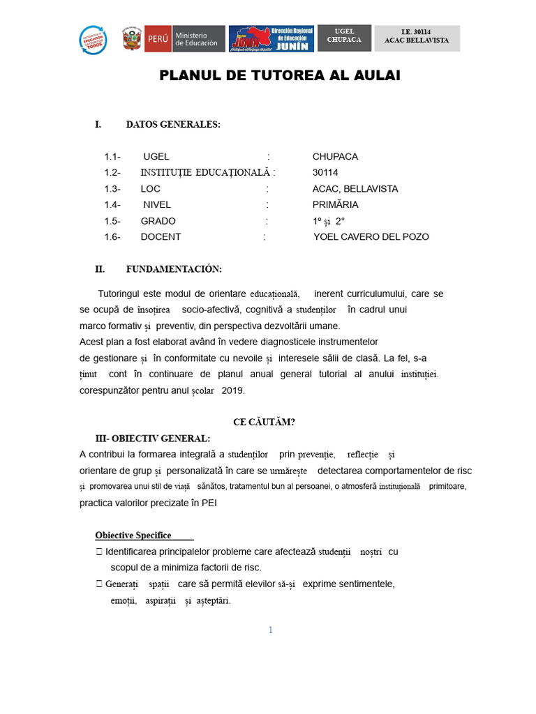 Plan Tutorial de Aula Del 1º Grado de Primaria | PDF