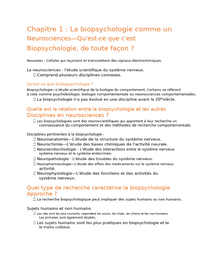 Introduction à la Biopsychologie et ses Disciplines | PDF ...