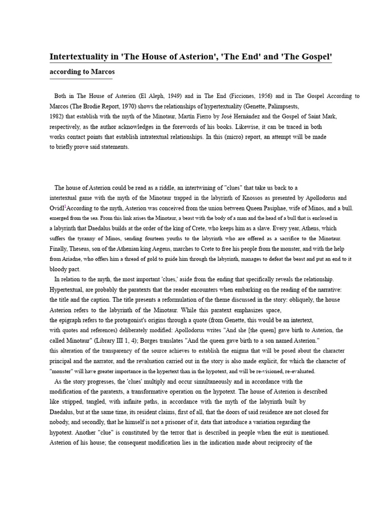 Intertextuality in The House of Asterion | PDF | Minotaur | Theseus