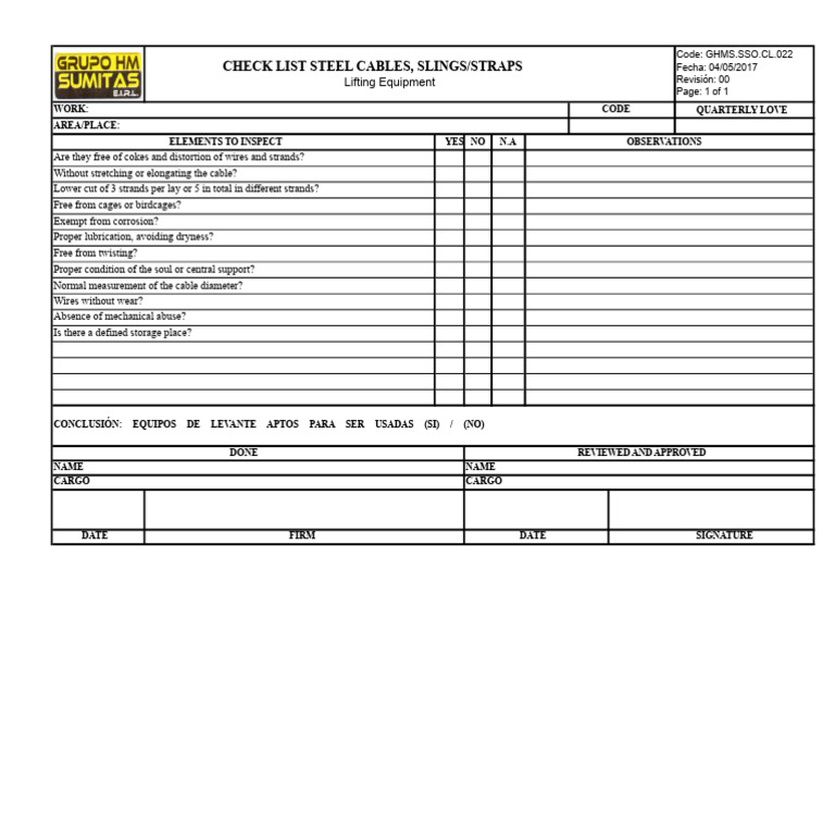 Steel Cables Inspection Checklist | PDF