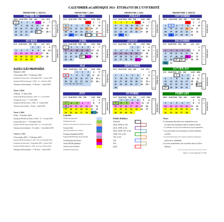 Calendrier académique 2024 étudiants CQU | PDF