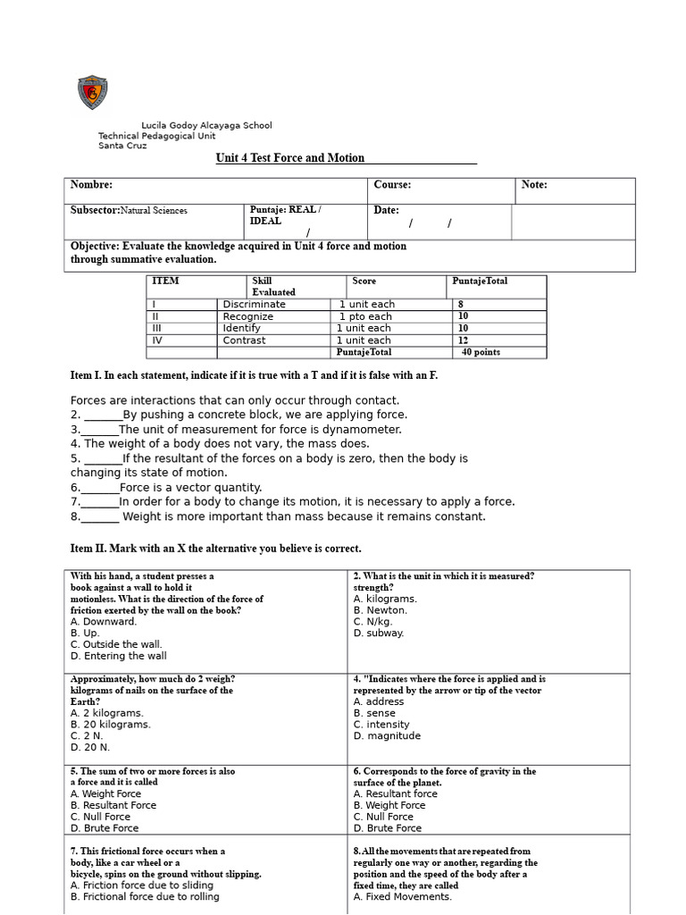 Unit 4 Test: Force and Motion Evaluation | PDF | Force | Weight