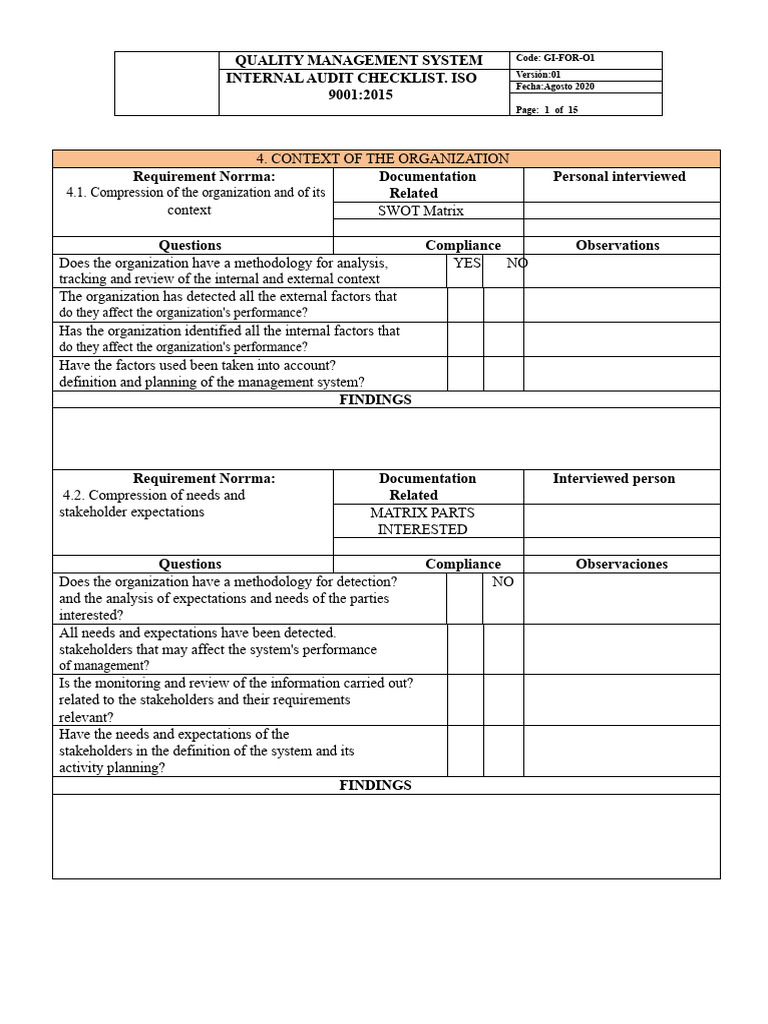 ISO 9001:2015 Audit Checklist | PDF | Quality Management | Quality ...