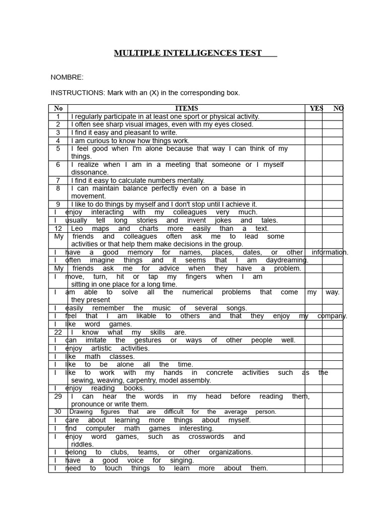 Multiple Intelligences Test.docx | PDF | Intelligence | Psychological ...