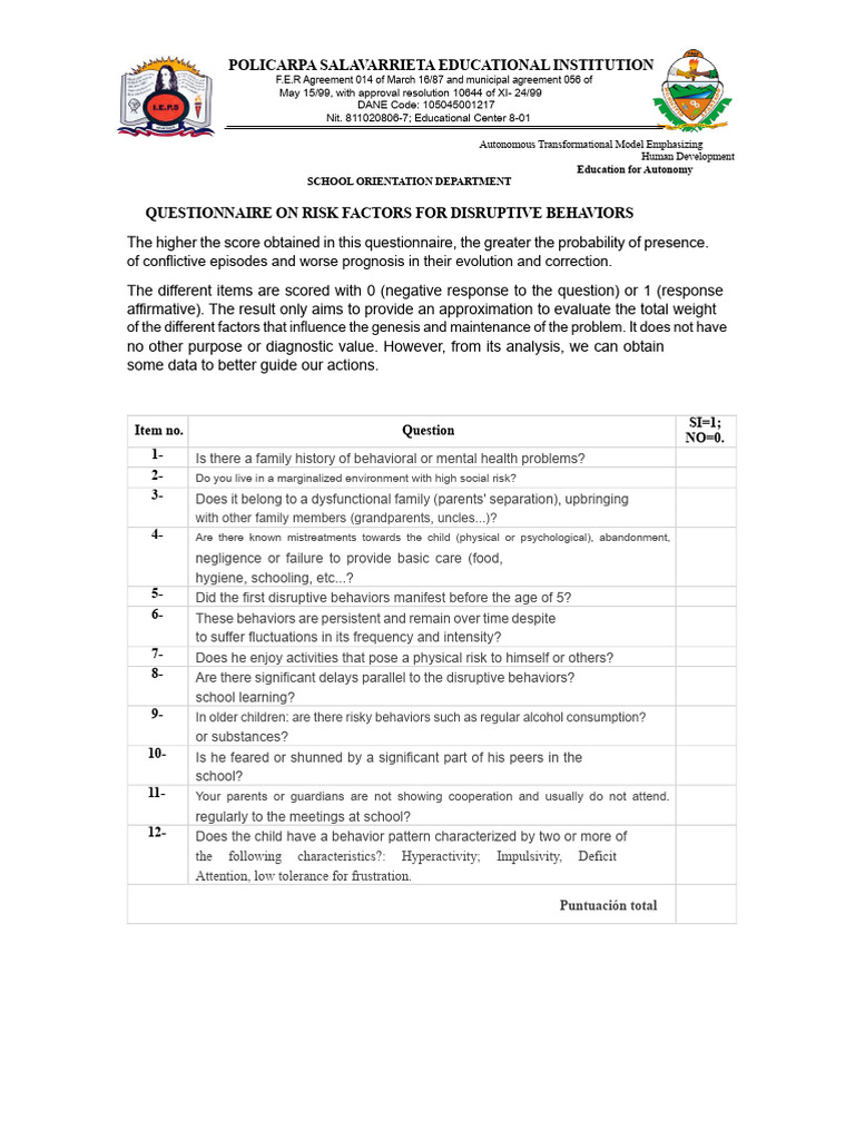 Questionnaire On Risk Factors For Disruptive Behaviors | PDF | Risk ...