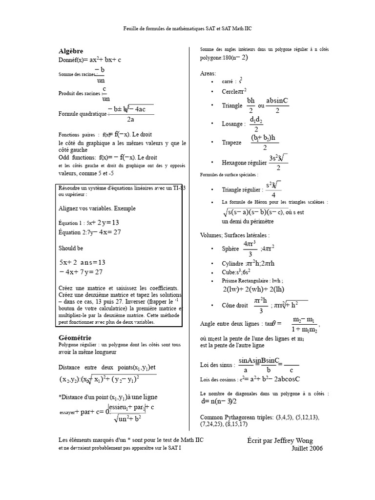 Formules Mathématiques SAT et IIC | PDF | Mathématiques | Triangle
