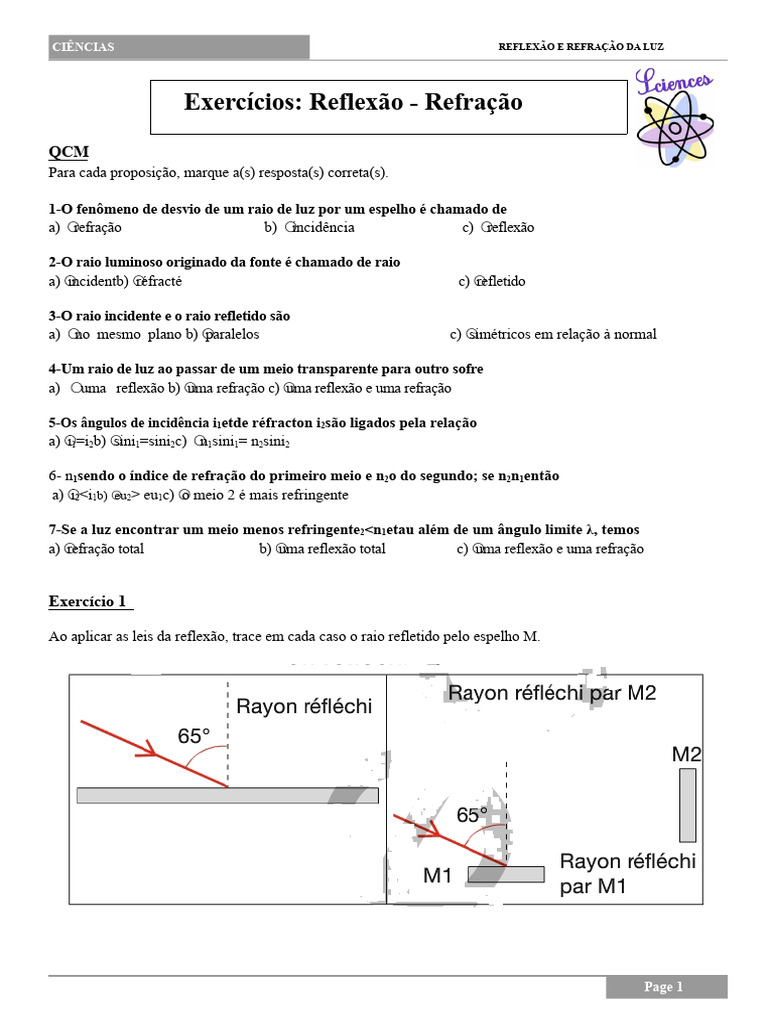 Exercícios sobre Reflexão e Refração da Luz | PDF | Reflexão (Física ...