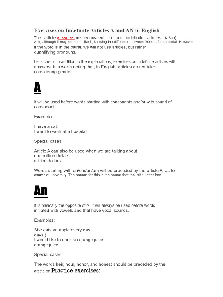 Exercises On Indefinite Articles A and An in English | PDF | English ...
