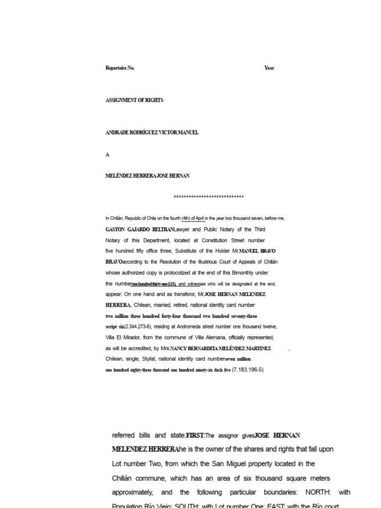 Assignment of Rights Models Chile 01 | PDF | Assignment (Law) | Natural ...