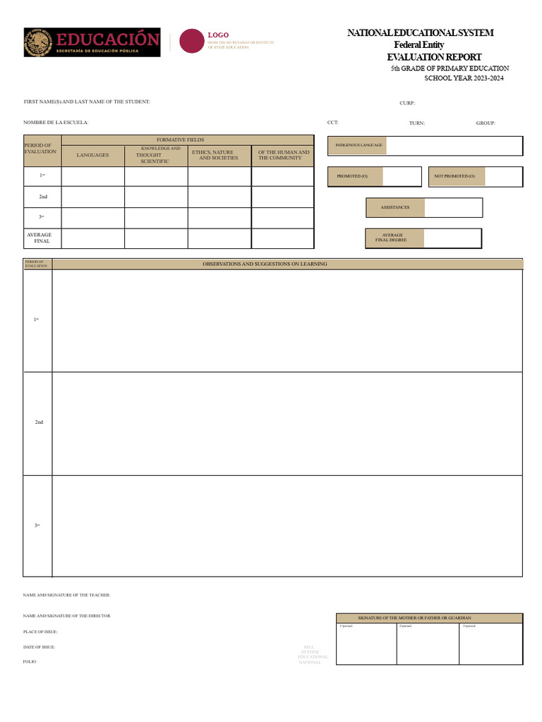 5th Grade Evaluation Report 2023-2024 | PDF | Cognition | Learning