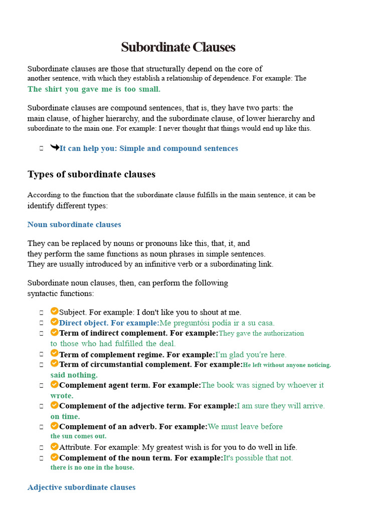 Understanding Subordinate Clauses | PDF | Verb | Adjective